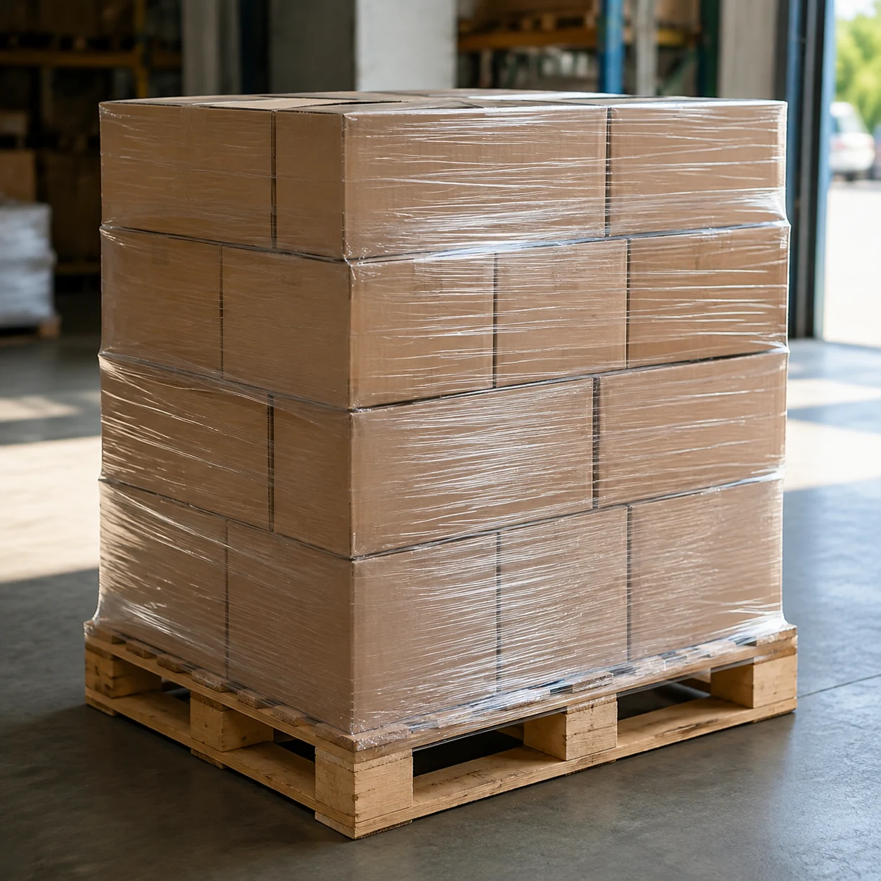 Plain cartons and protective stretch film on a pallet, a representative cargo detail