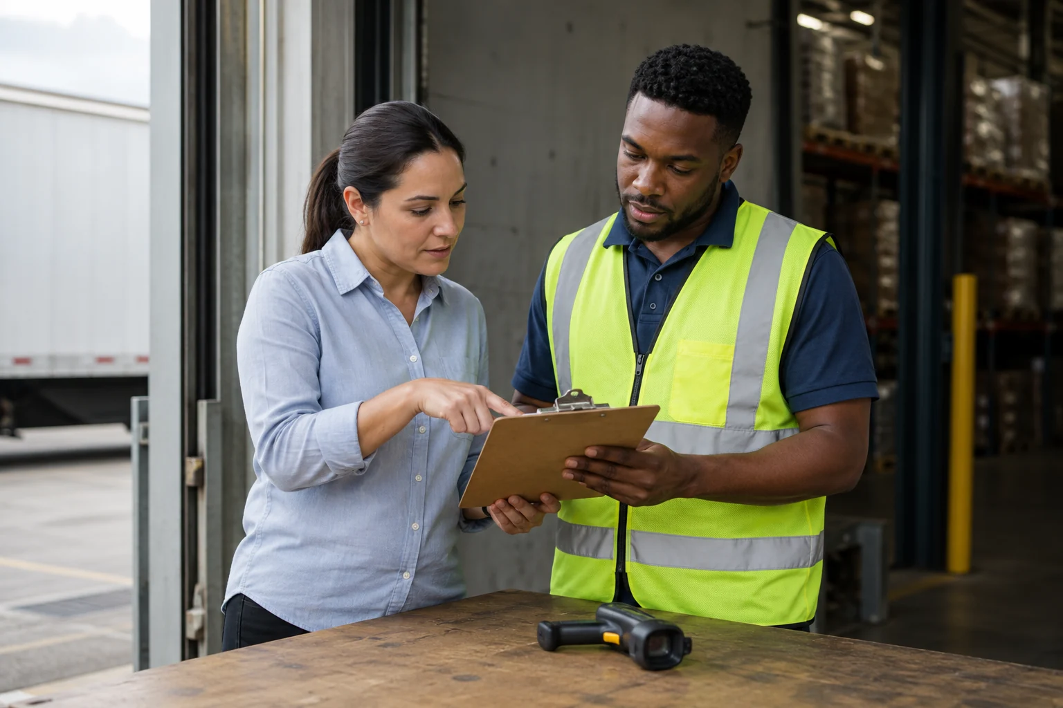 Two people reviewing a clipboard at a warehouse workbench, an illustrative logistics conversation
