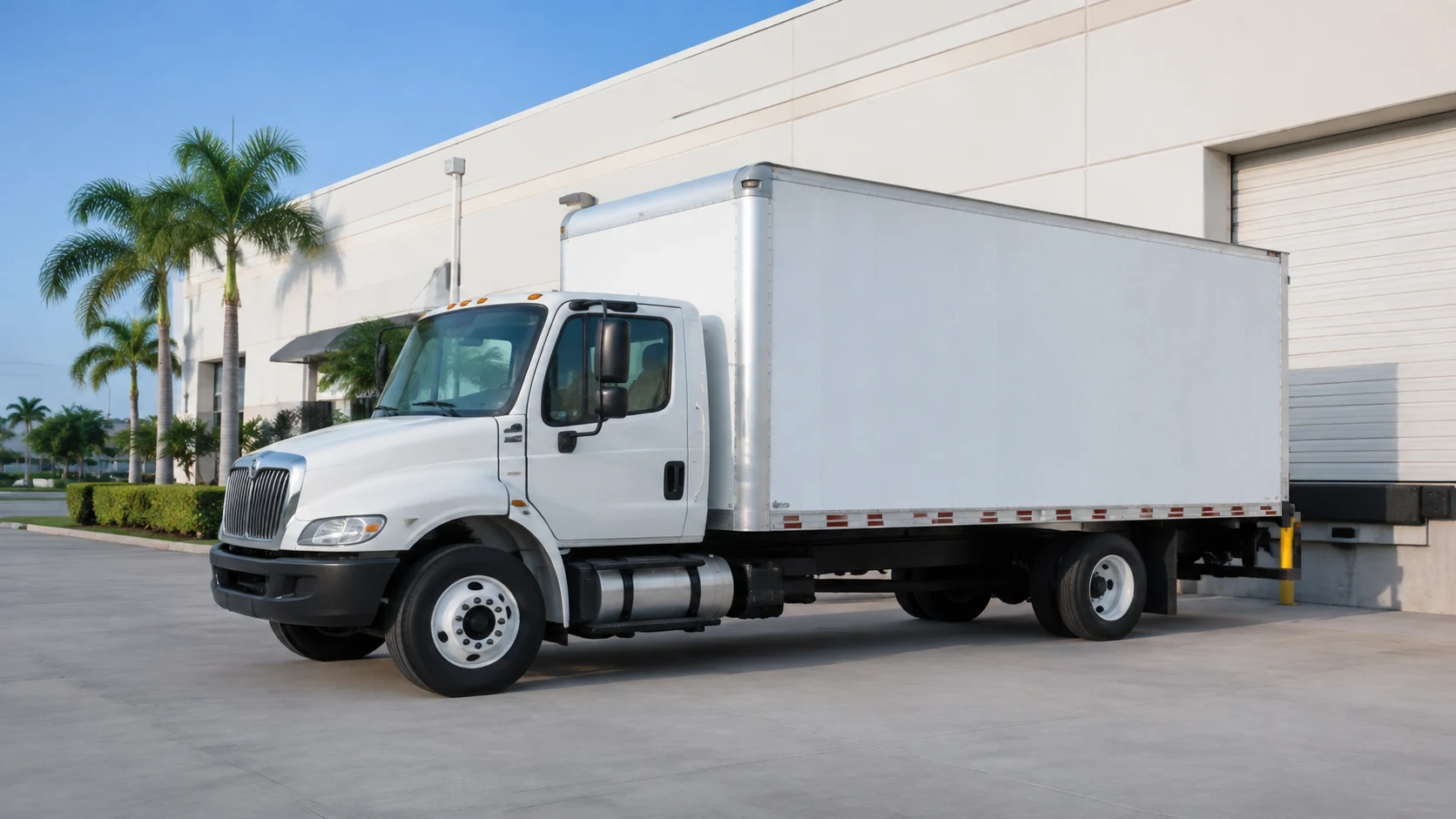 White commercial box truck parked by a South Florida industrial building in a representative scene
