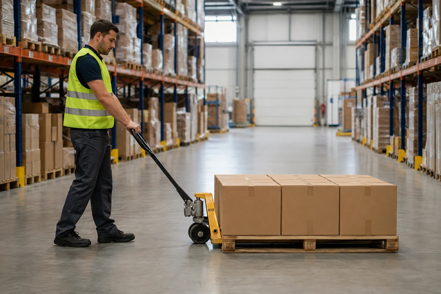 A warehouse worker with a pallet jack in a clear aisle, shown as a representative warehouse scene